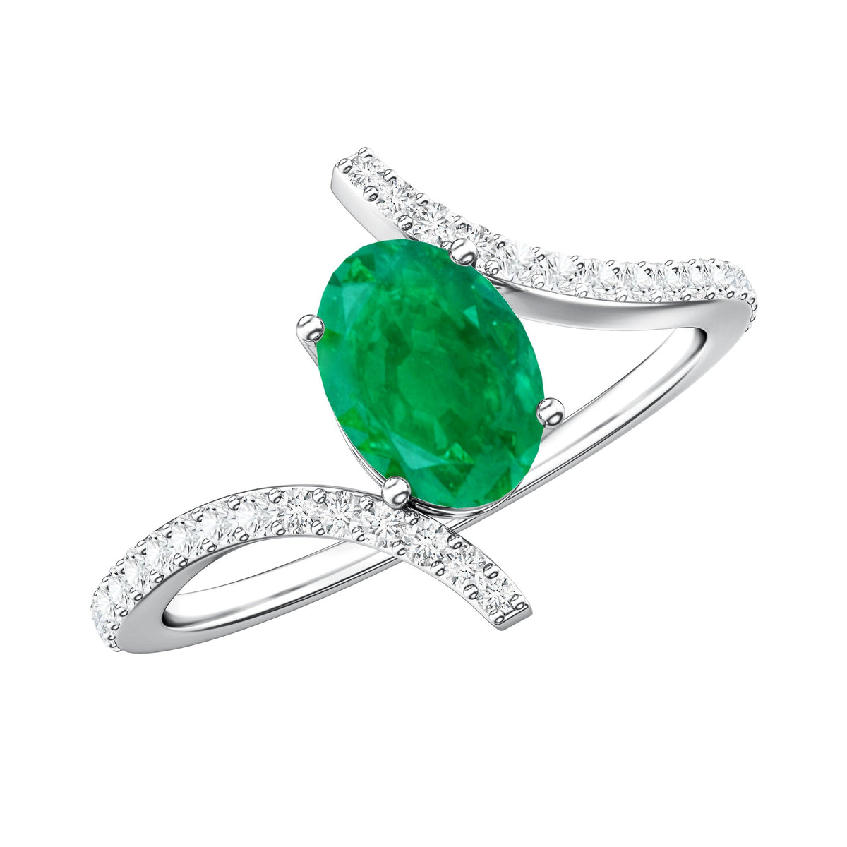 Oval Shaped Emerald Bypass Engagement Ring with Diamonds