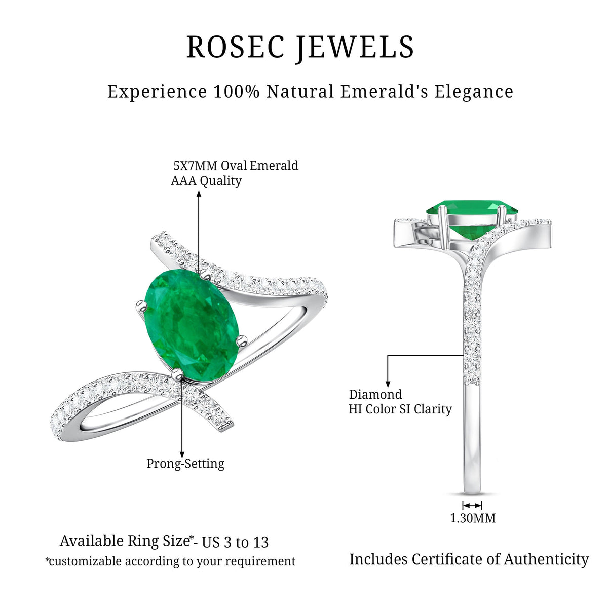 Oval Shaped Emerald Bypass Engagement Ring with Diamonds