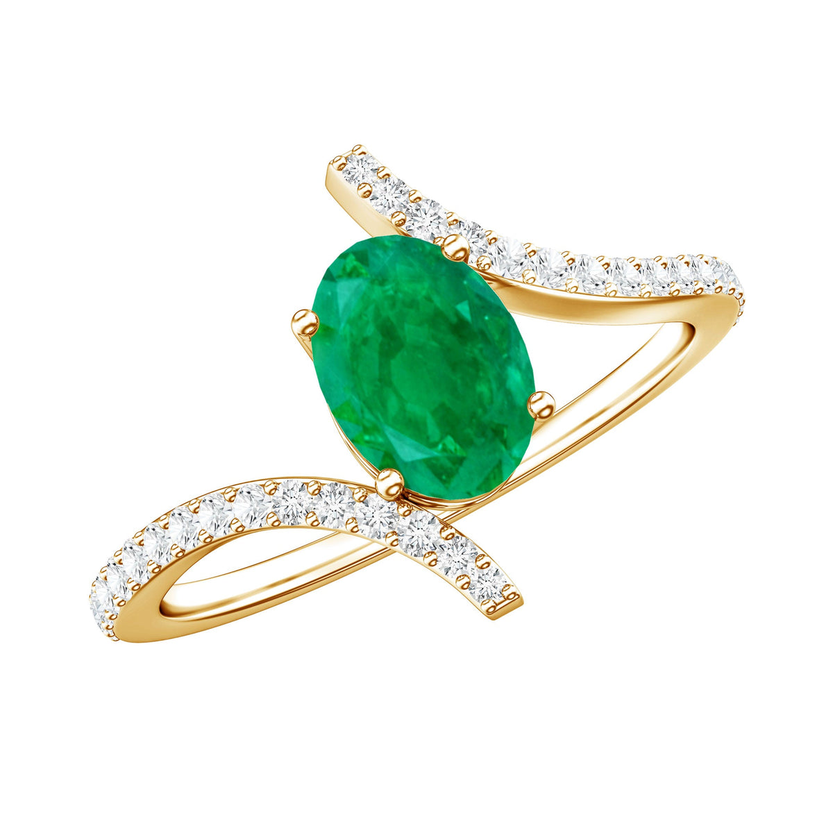 Oval Shaped Emerald Bypass Engagement Ring with Diamonds