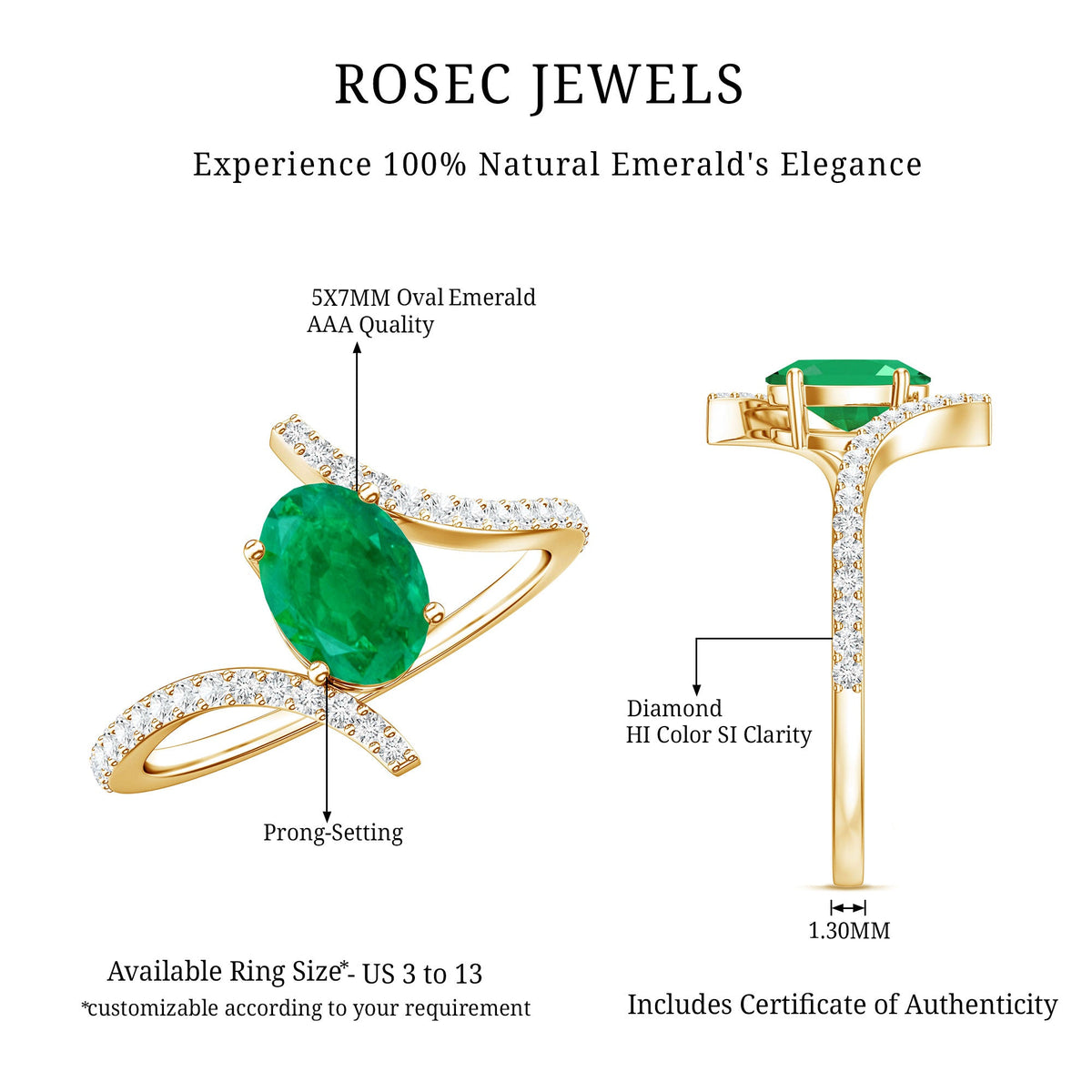 Oval Shaped Emerald Bypass Engagement Ring with Diamonds