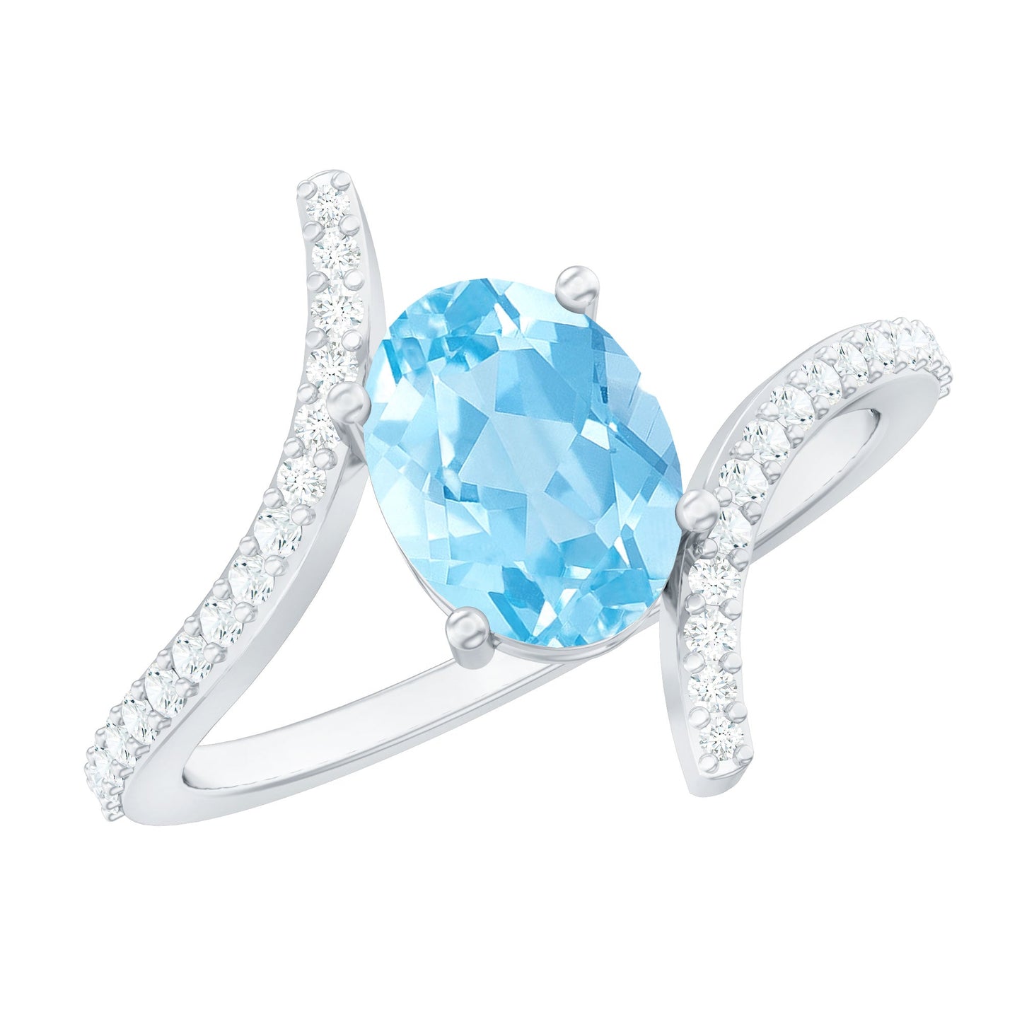 Real 1 Carat Aquamarine Oval Engagement Ring with Diamond Bypass Shank