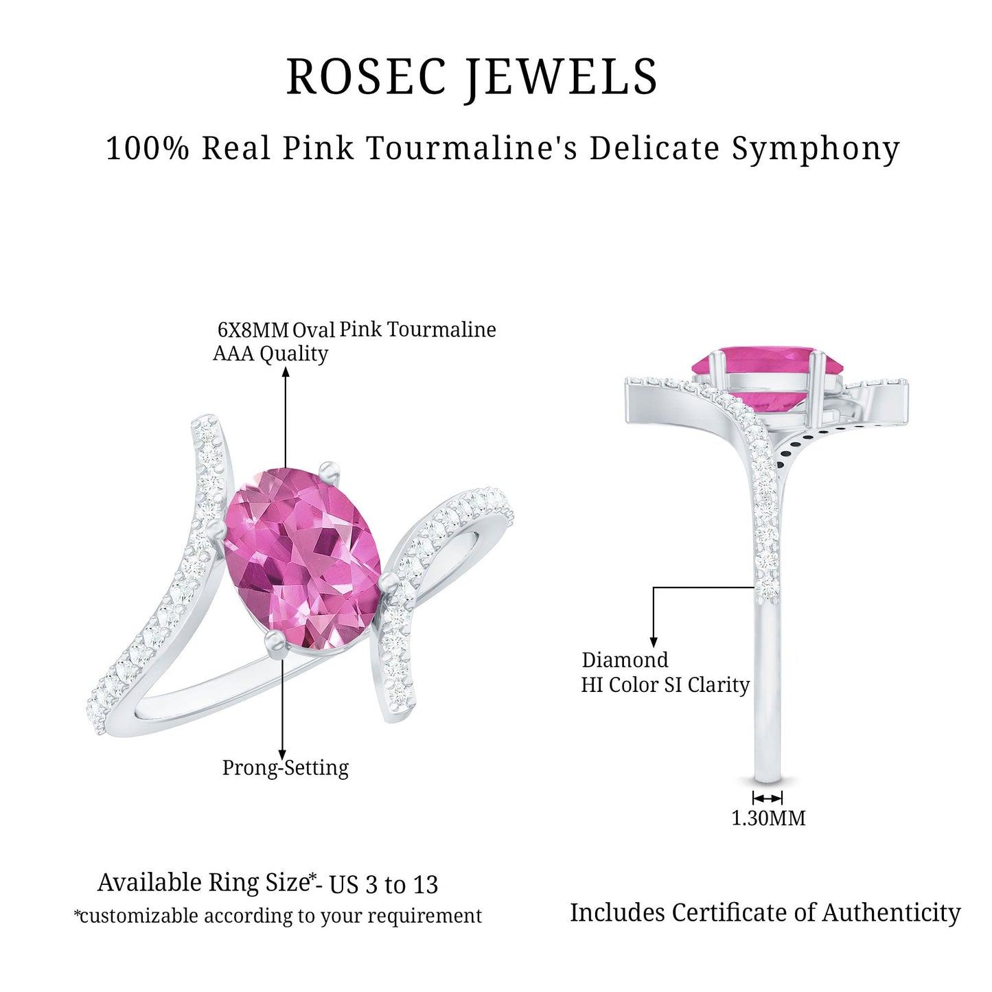 Oval Pink Tourmaline Solitaire Bypass Ring with Diamond