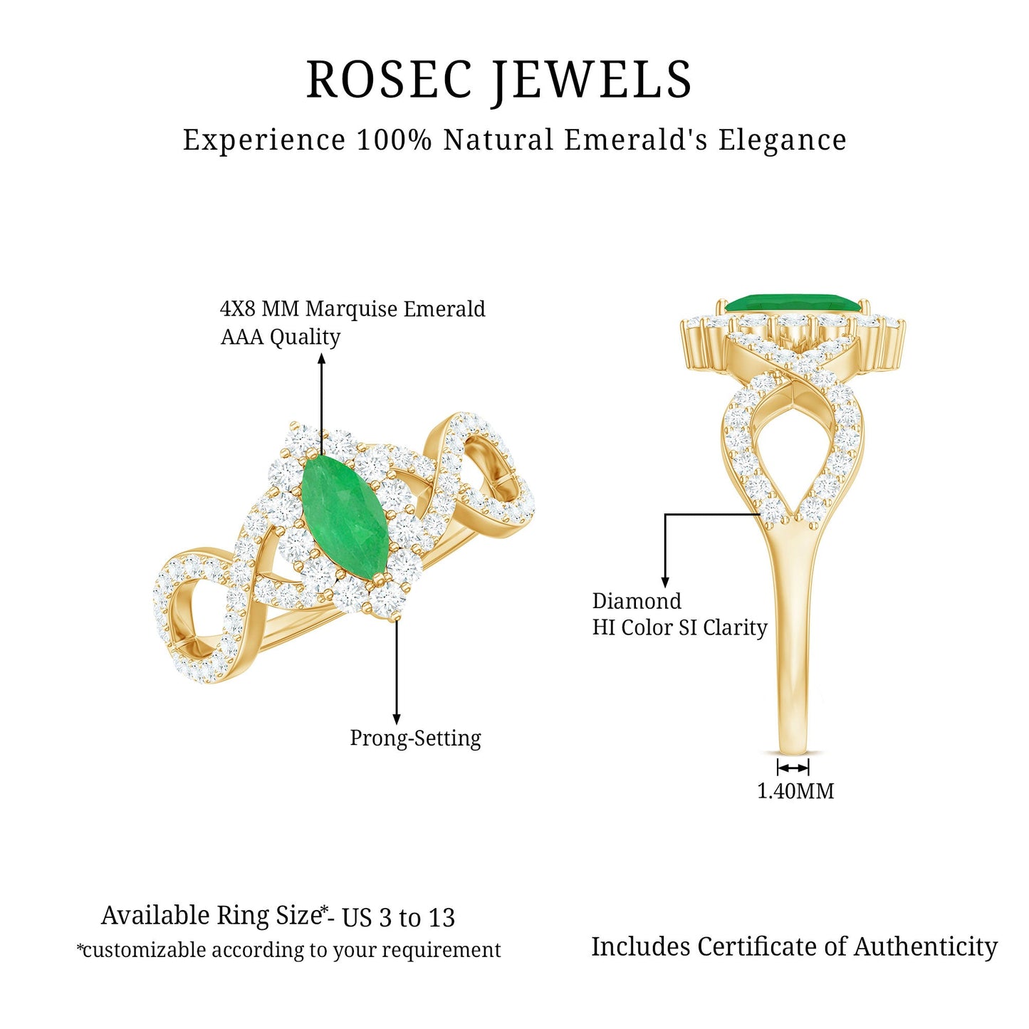 Natural Marquise Emerald Diamond Halo Engagement Ring with Crossover Shank