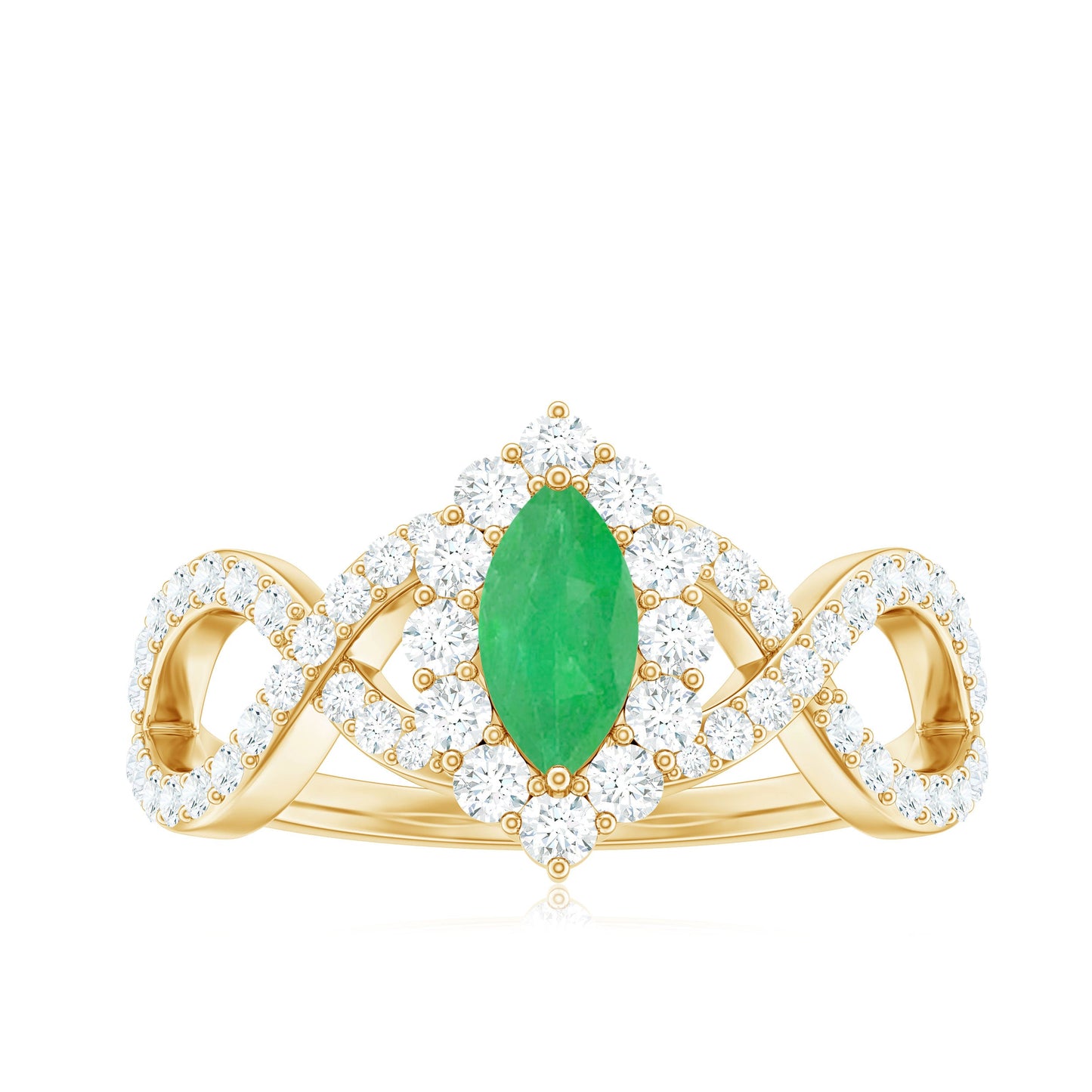 Natural Marquise Emerald Diamond Halo Engagement Ring with Crossover Shank