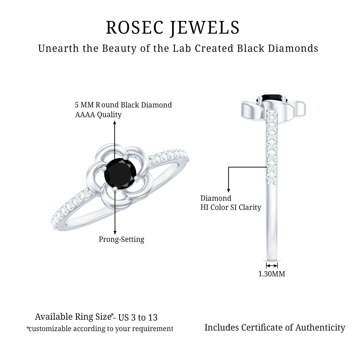 Certified 0.8 Carat Lab Grown Black Flower Promise Ring with White Diamond