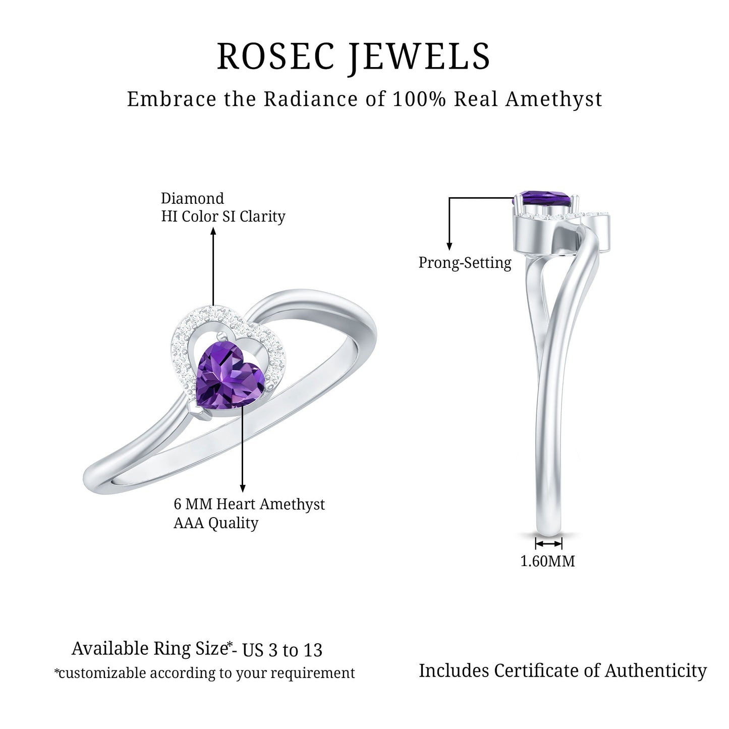 Real 0.9 Carat Amethyst Heart Promise Ring with Diamond