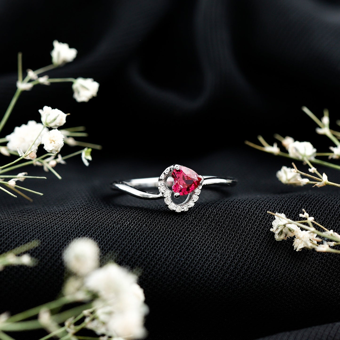 Heart Shape Lab Grown Ruby and Diamond Twisted Promise Ring