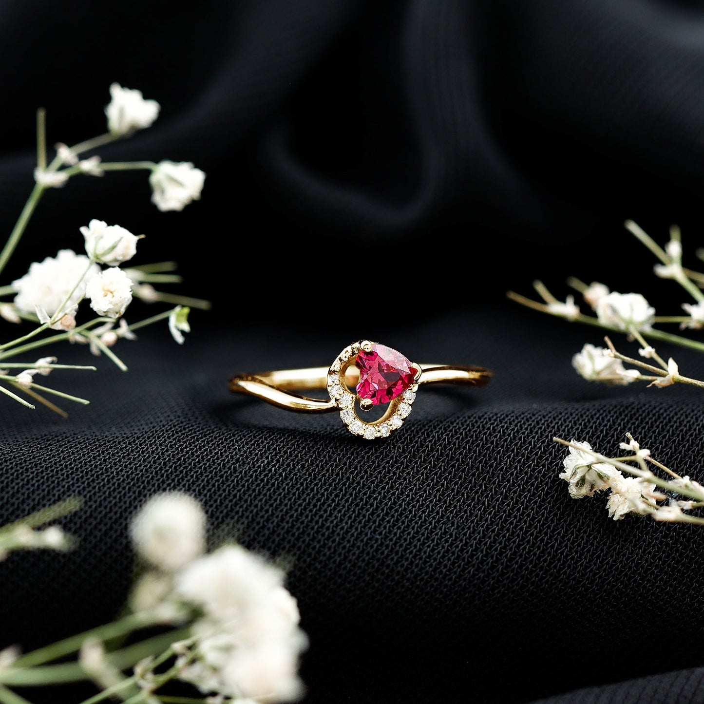 Heart Shape Lab Grown Ruby and Diamond Twisted Promise Ring