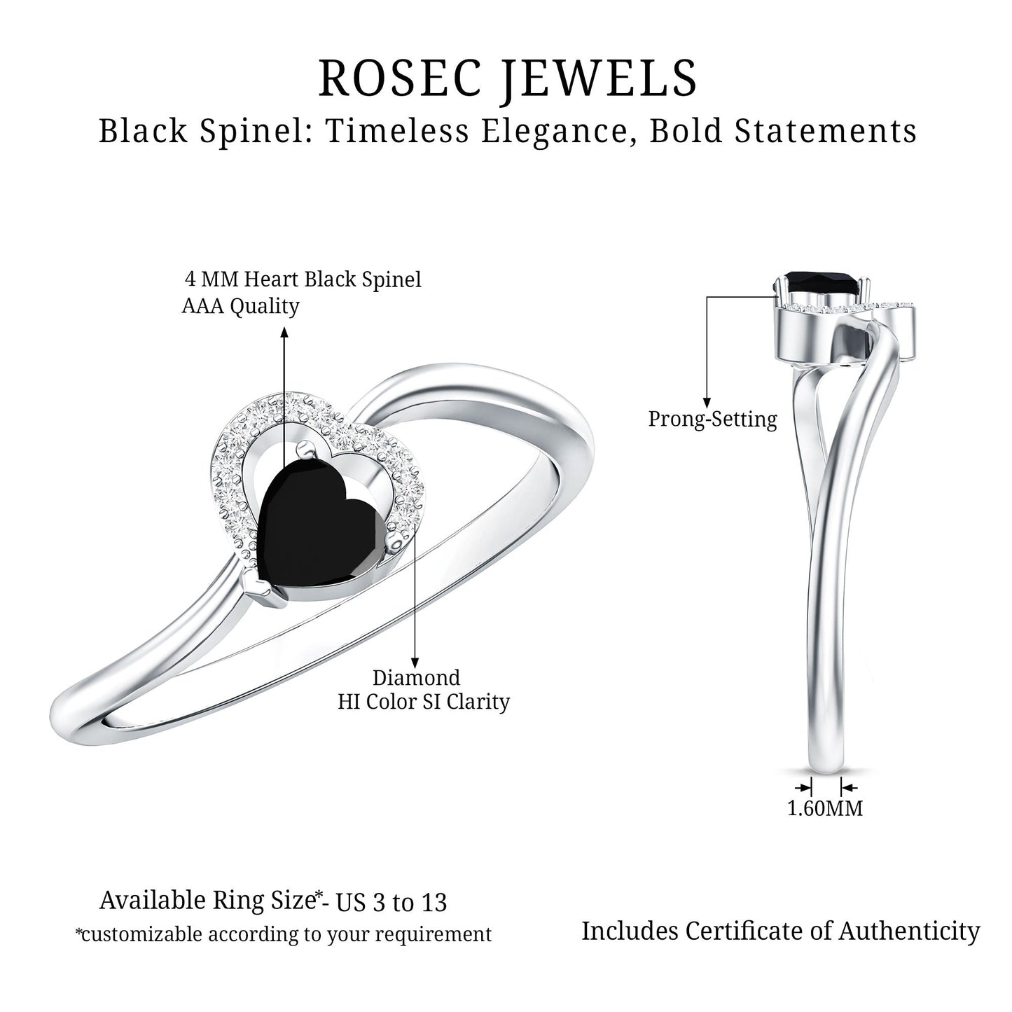 Natural Black Spinel Heart Promise Ring with Diamond