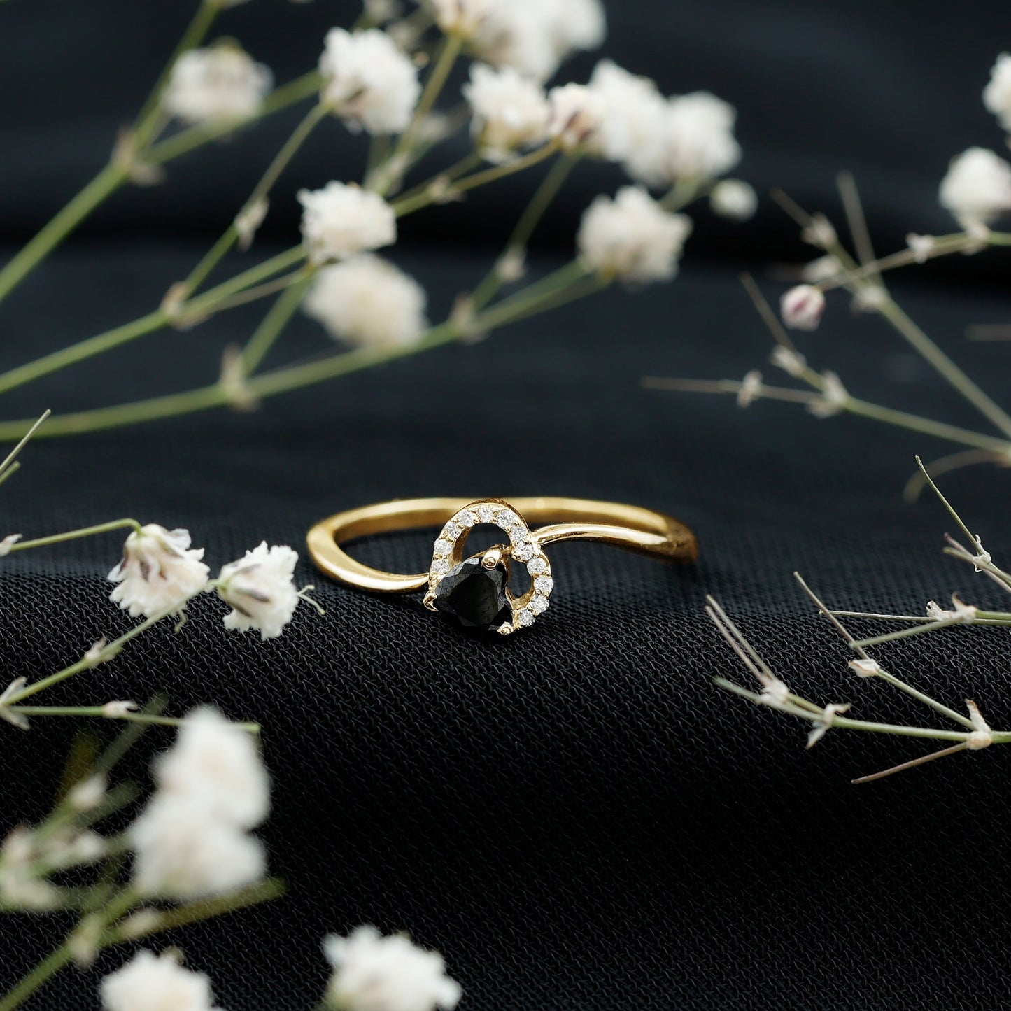 Natural Black Spinel Heart Promise Ring with Diamond