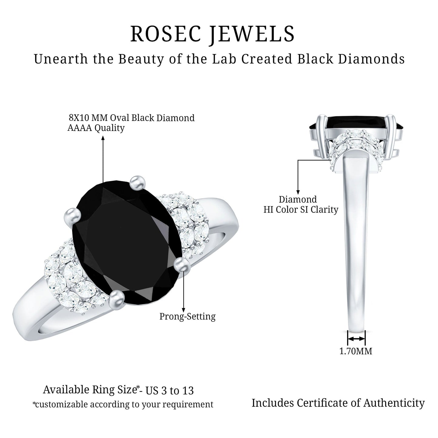 4.2 Carat Lab Grown Black Diamond Oval Engagement Ring with White Diamond