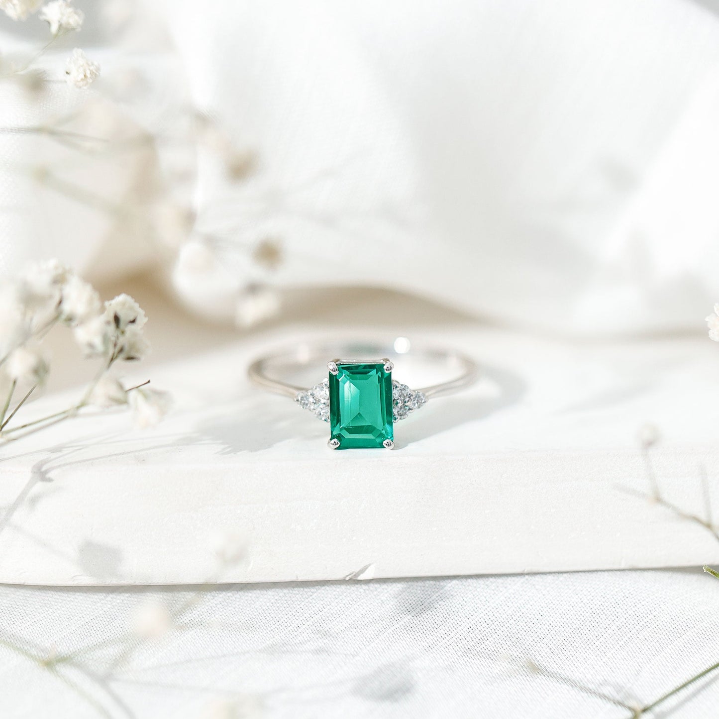 Certified 1.6 Carat Lab Grown Emerald Cut Emerald Engagement Ring with Diamond Trio