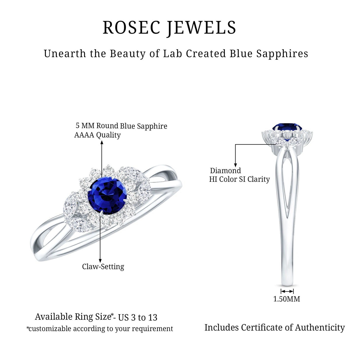 Nature Inspired 0.6 Carat Lab Grown Blue Sapphire Engagement Ring with Diamond