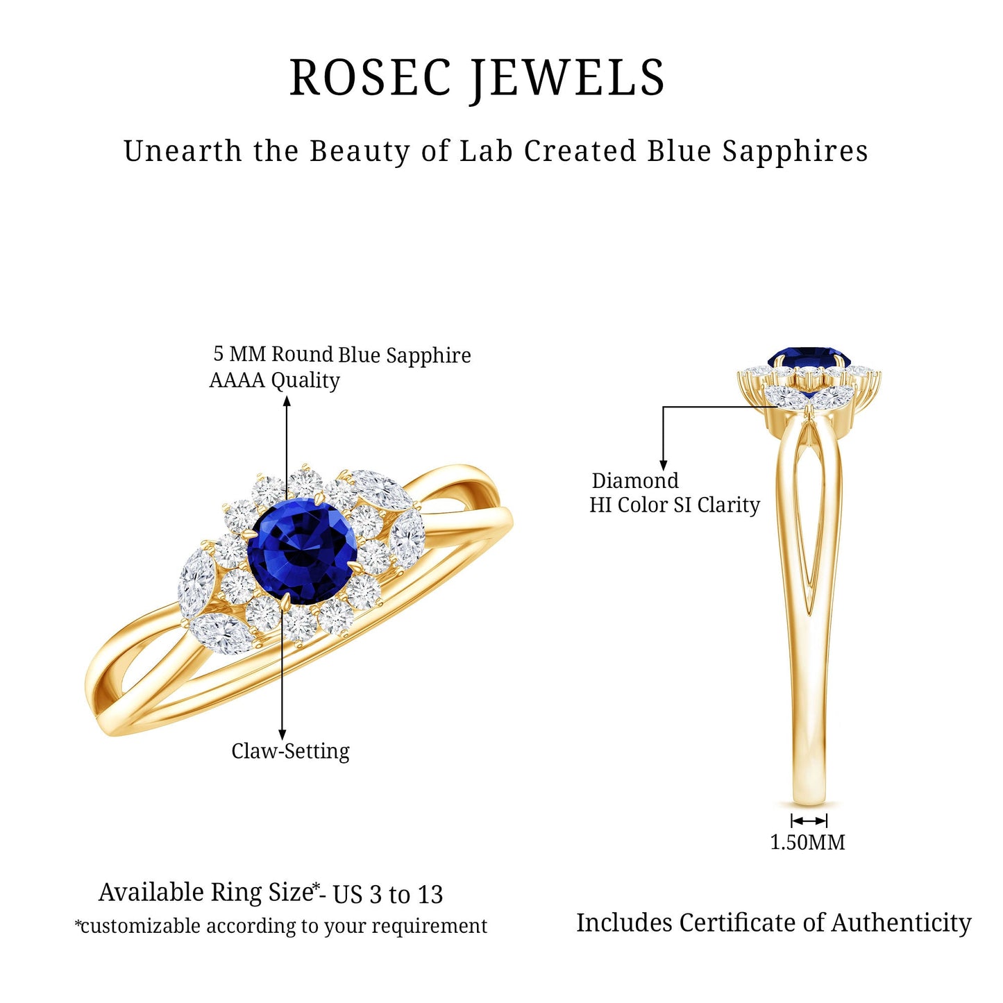 Nature Inspired 0.6 Carat Lab Grown Blue Sapphire Engagement Ring with Diamond