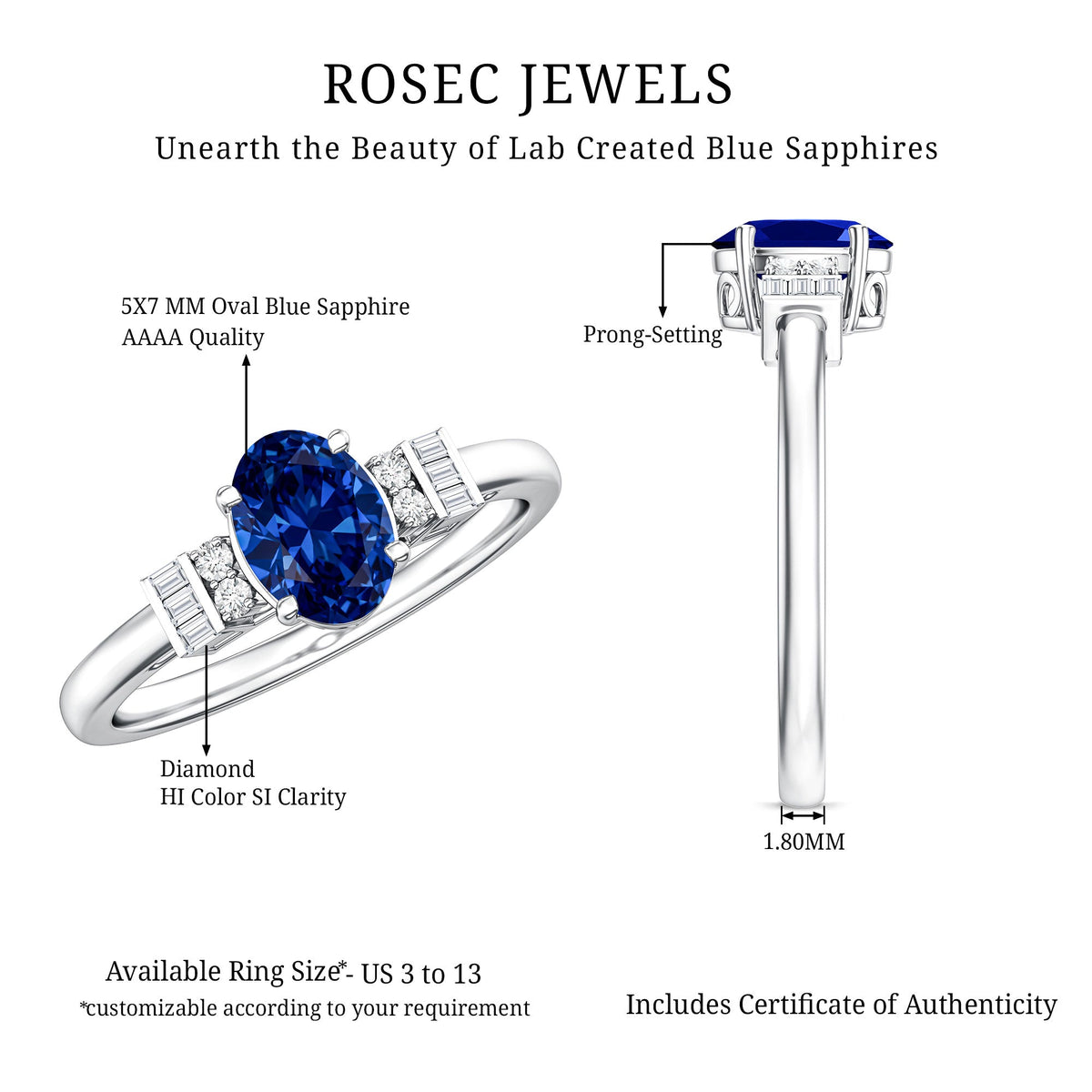 Certified 1 Carat Lab Grown Blue Sapphire Oval Engagement Ring with Diamond
