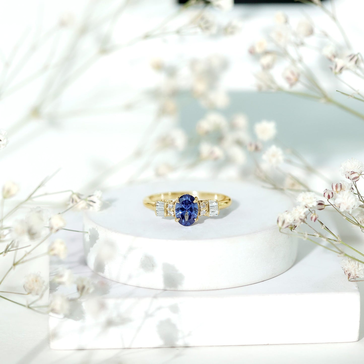 Certified 1 Carat Lab Grown Blue Sapphire Oval Engagement Ring with Diamond