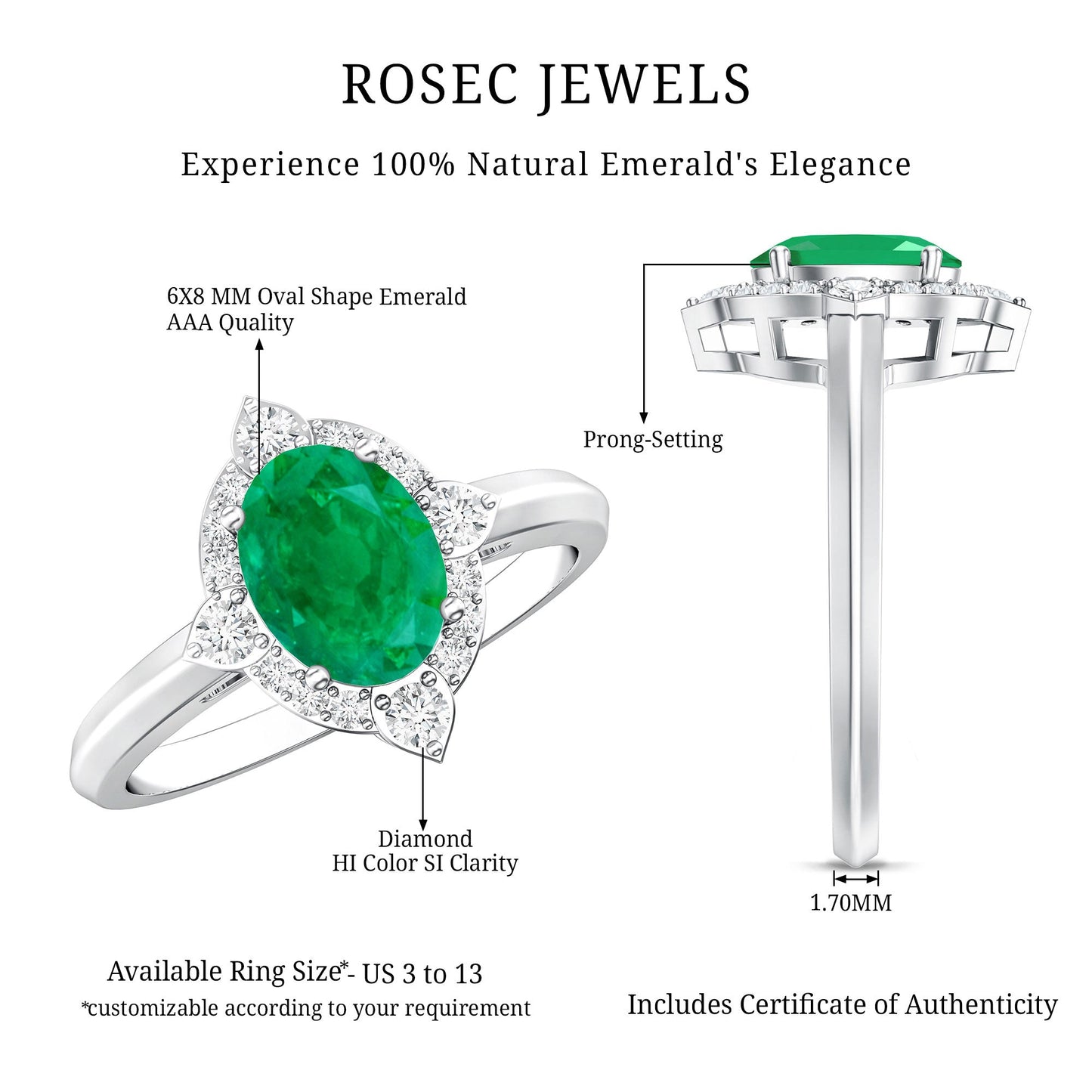 Vintage Looking Emerald Oval Engagement Ring with Diamond Halo