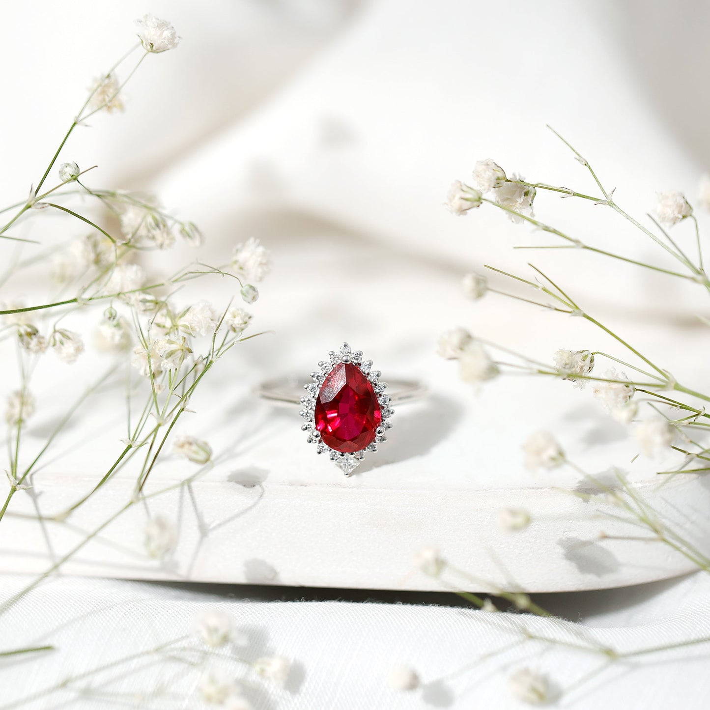 Lab Ruby Teardrop Engagement Ring with Diamond Halo