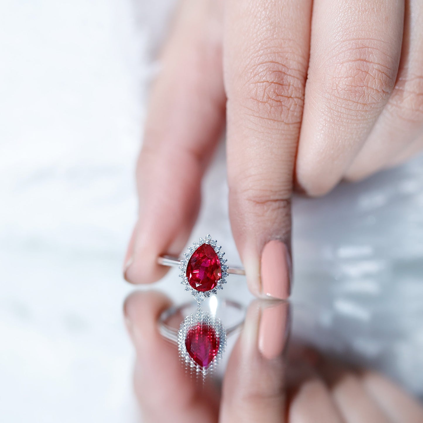 Lab Ruby Teardrop Engagement Ring with Diamond Halo