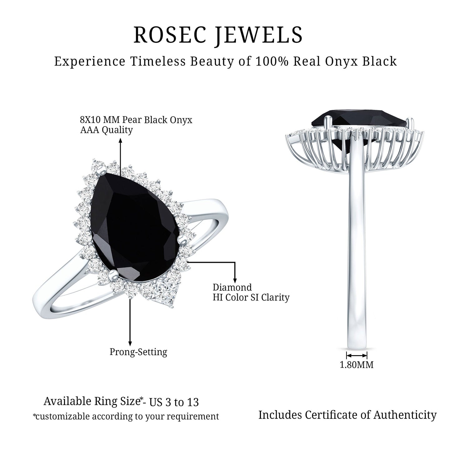 Pear Shaped Black Onyx Big Engagement Ring with Diamond Halo