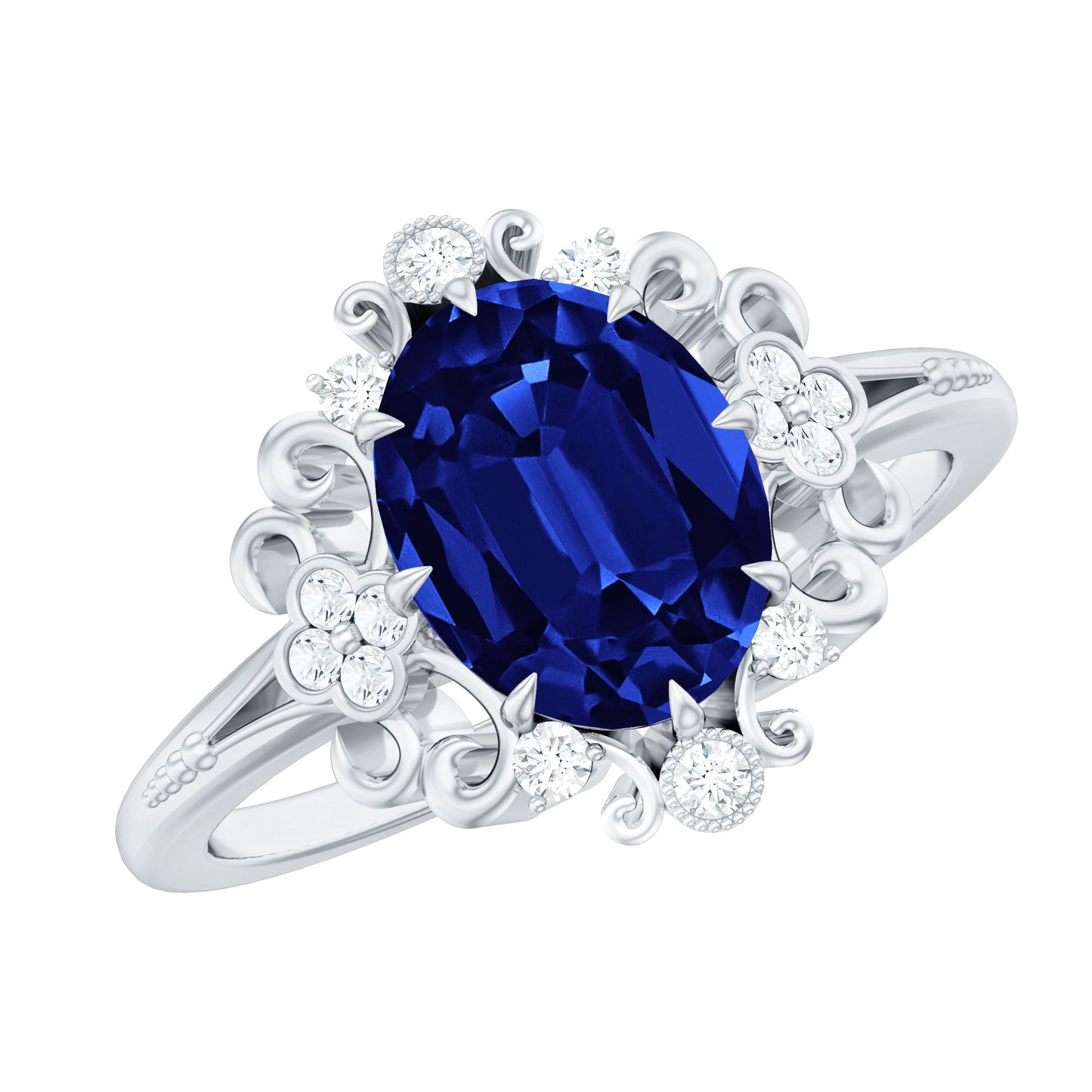 Vintage Style 4 Carat Oval Lab Grown Blue Sapphire Engagement Ring with Diamond
