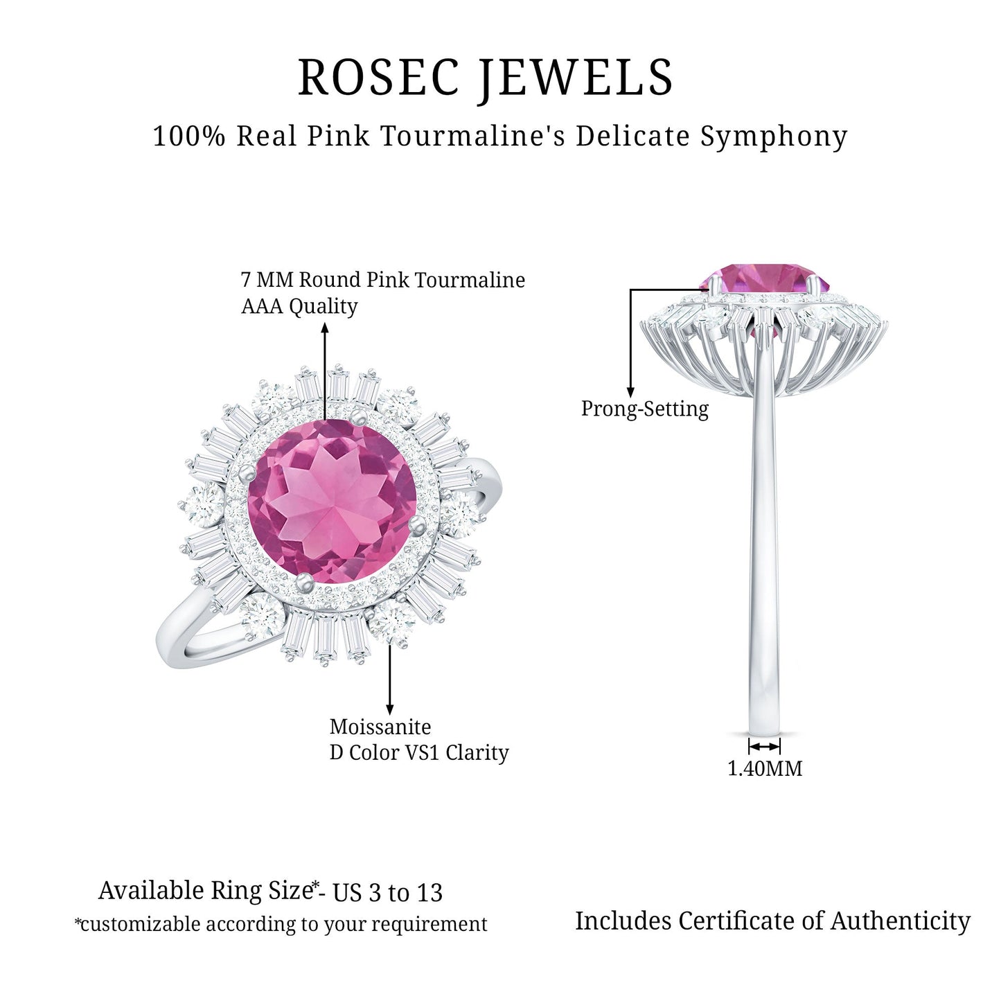 1.2 Carat Round Pink Tourmaline Cocktail Ring with Moissanite Double Halo