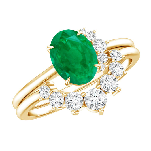 Natural Emerald Wedding Engagement Ring Set with Diamond
