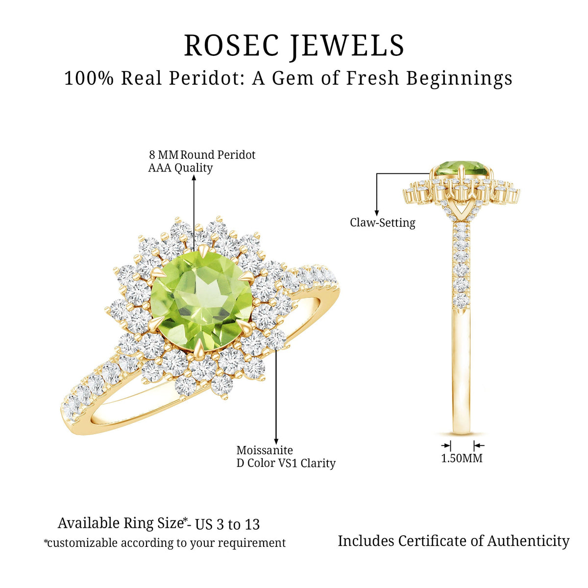Certified Real 2 Carat Peridot Statement Engagement Ring