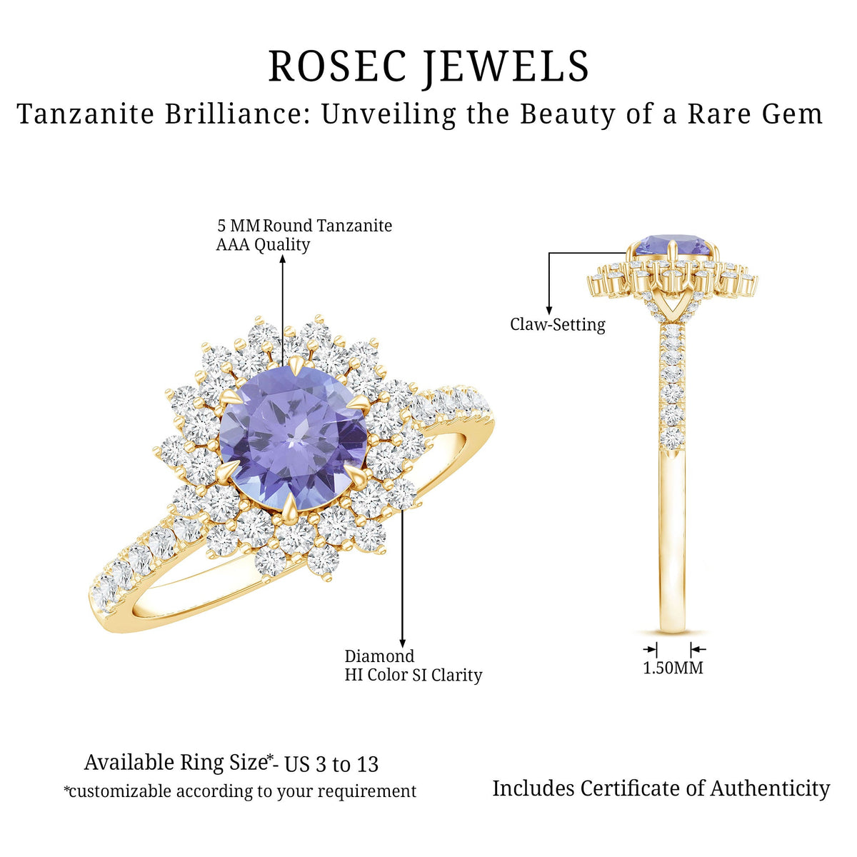 Natural Tanzanite Diamond Engagement Ring with Double Halo