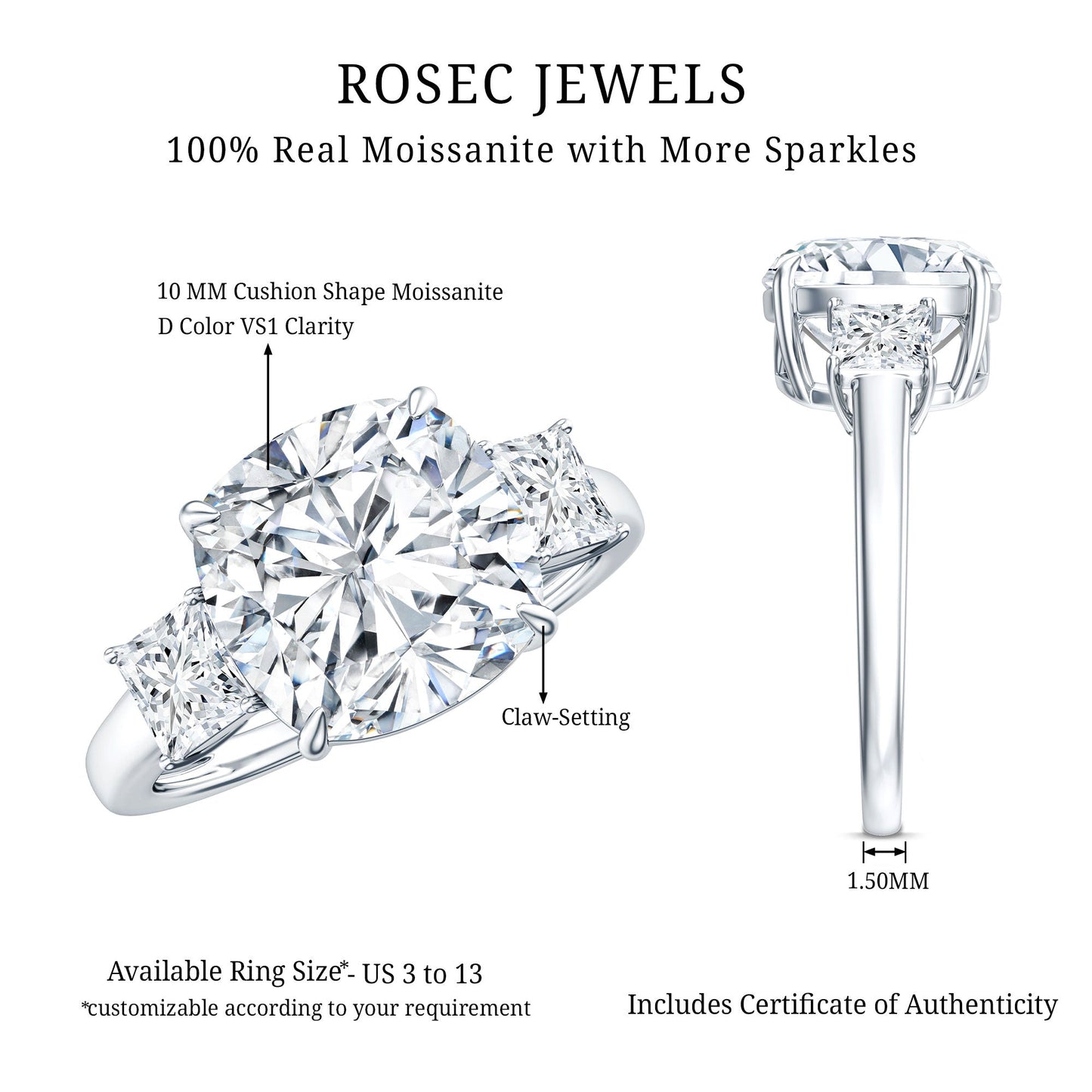 Cushion Moissanite Huge Engagement Ring