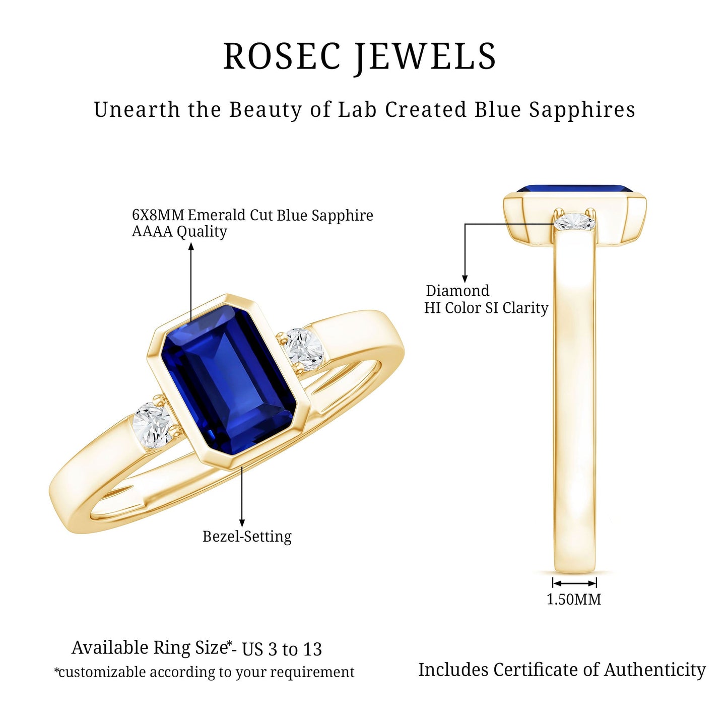 Bezel Set 1.75 Carat Lab Grown Blue Sapphire Emerald Cut Engagement Ring with Diamond