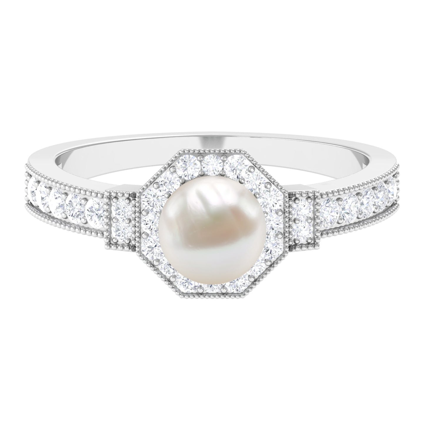 Art Deco Inspired 7.4 Carat Freshwater Pearl Engagement Ring with Diamond Halo