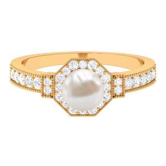 Art Deco Inspired 7.4 Carat Freshwater Pearl Engagement Ring with Diamond Halo