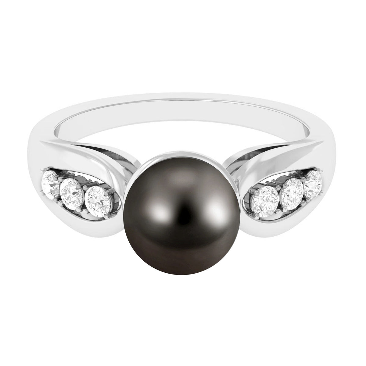 Solitaire Tahitian Pearl Engagement Ring with Diamond Side Stones