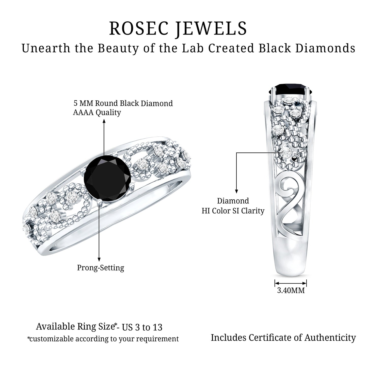 Vintage Inspired 0.8 Carat Lab Grown Black and White Diamond Engagement Ring