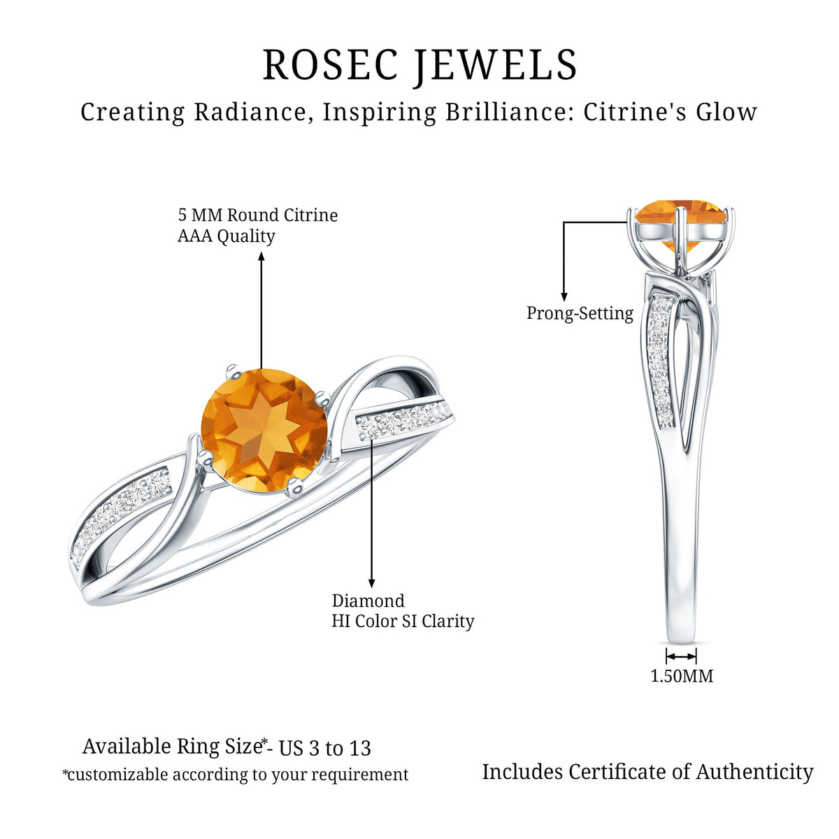 Natural Citrine Engagement Ring with Diamond Crossover Shank