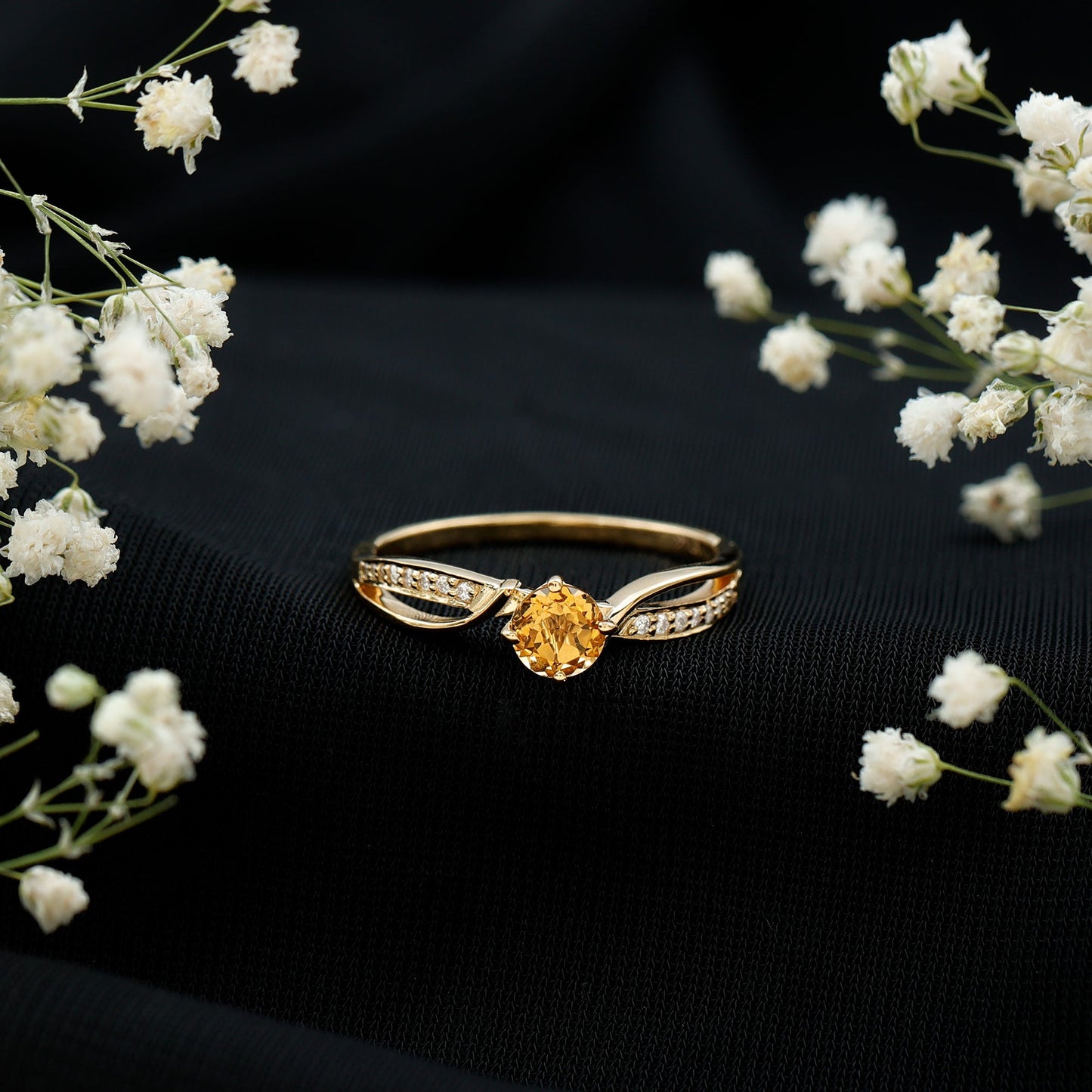 Natural Citrine Engagement Ring with Diamond Crossover Shank