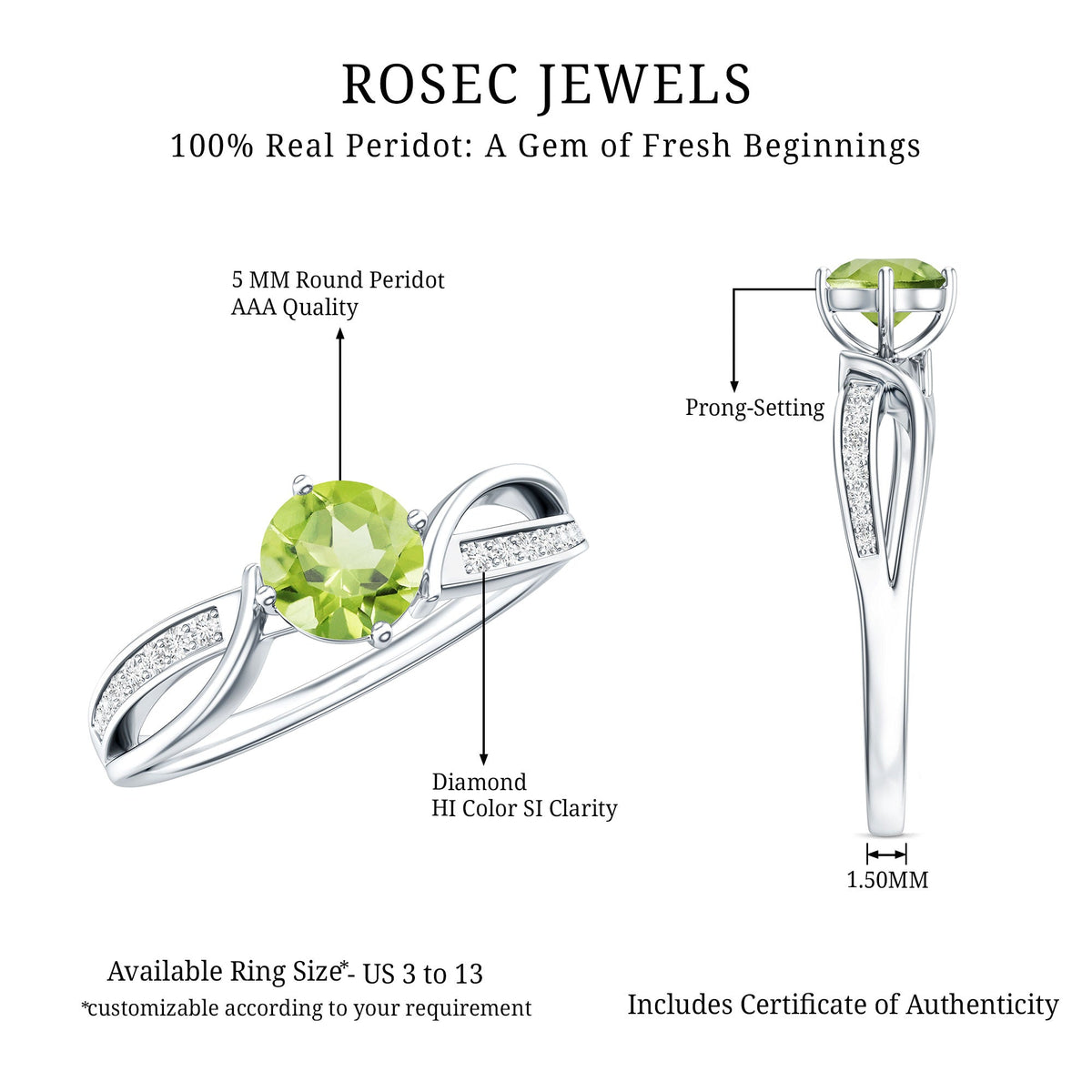 Real 0.5 Carat Peridot Infinity Promise Ring with Diamond