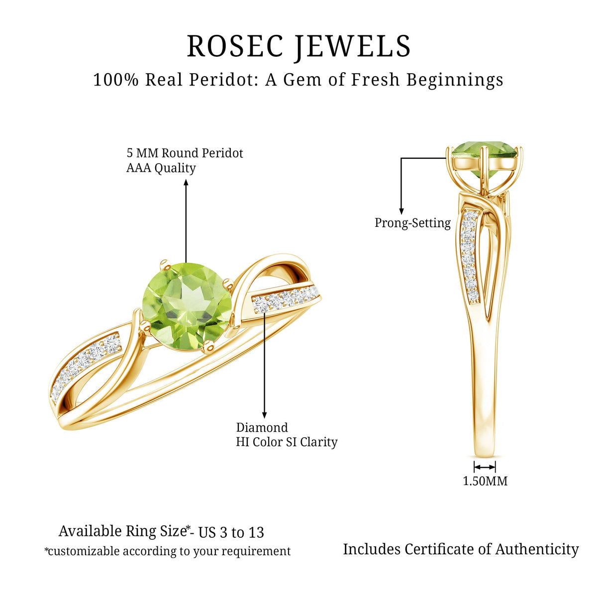 Real 0.5 Carat Peridot Infinity Promise Ring with Diamond