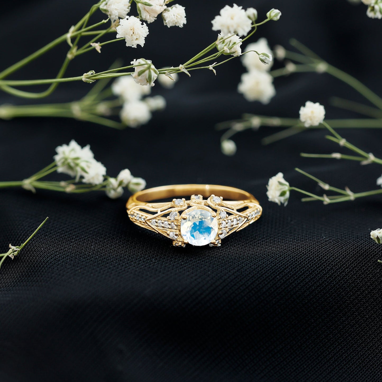 Vintage Inspired Moonstone Engagement Ring with Diamond