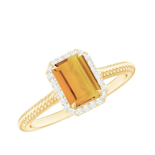 Natural Citrine Emerald Cut Engagement Ring with Diamond Halo