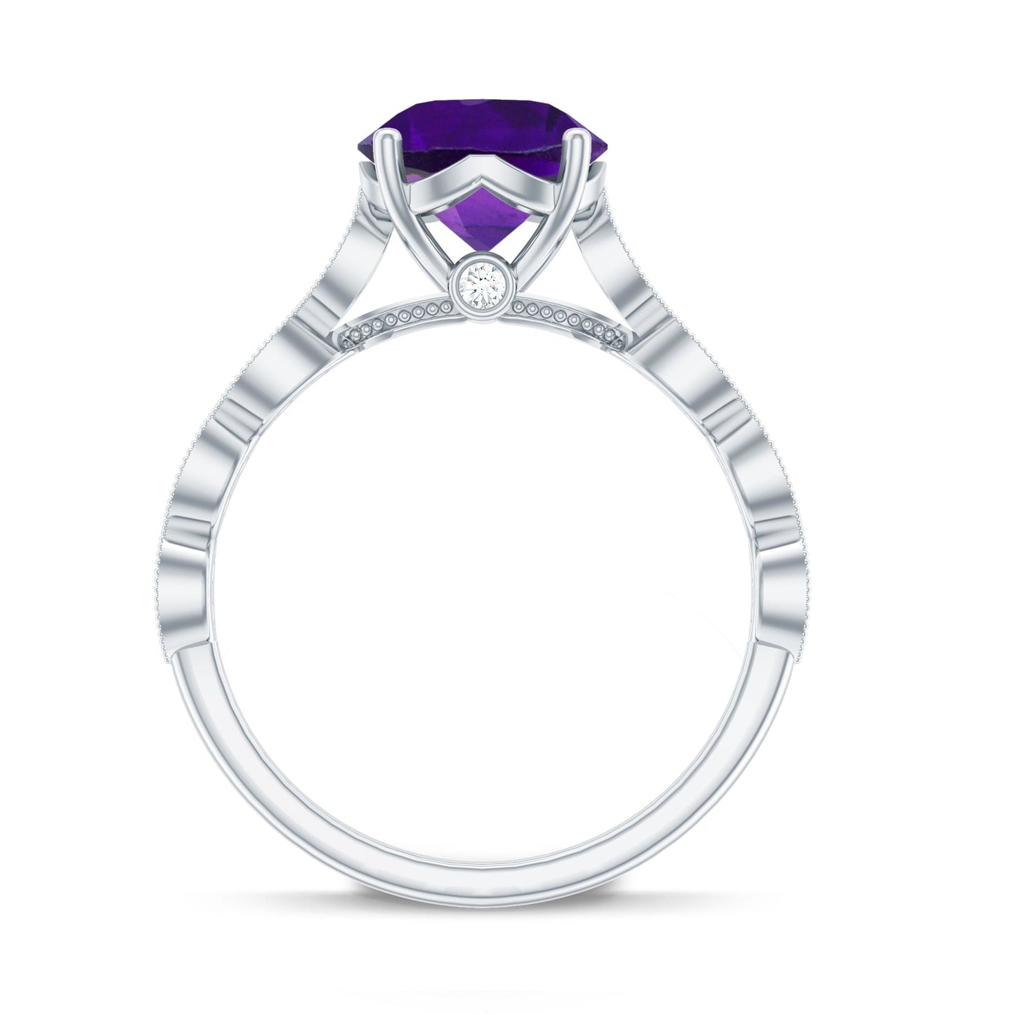 Amethyst and Diamond Solitaire Engagement Ring with Milgrain Details