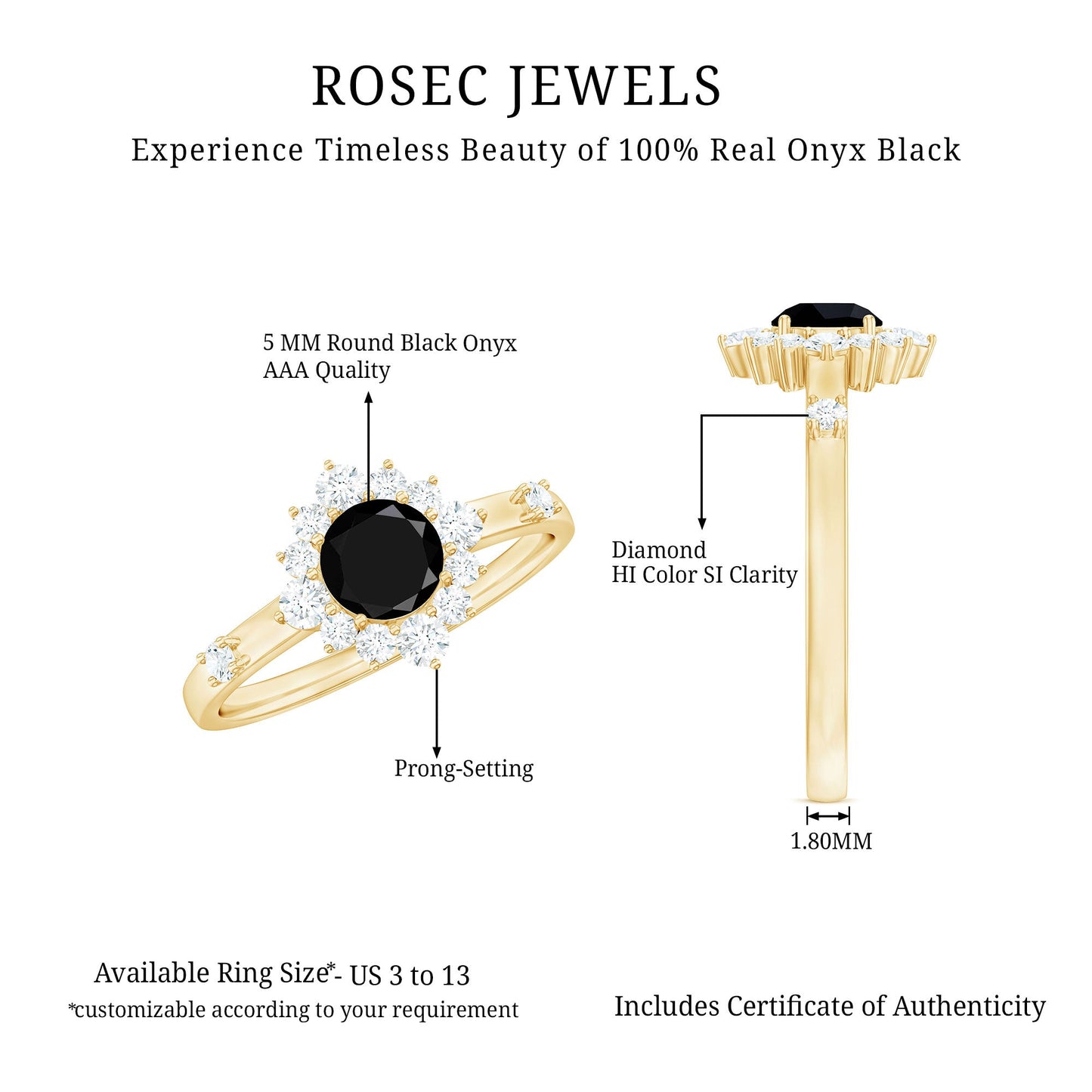 Certified Genuine 0.4 Carat Black Onyx Halo Ring with Diamond