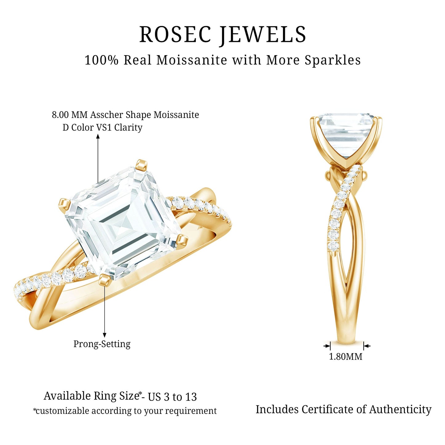 Certified Moissanite Asscher Cut Engagement Ring with Twisted Shank