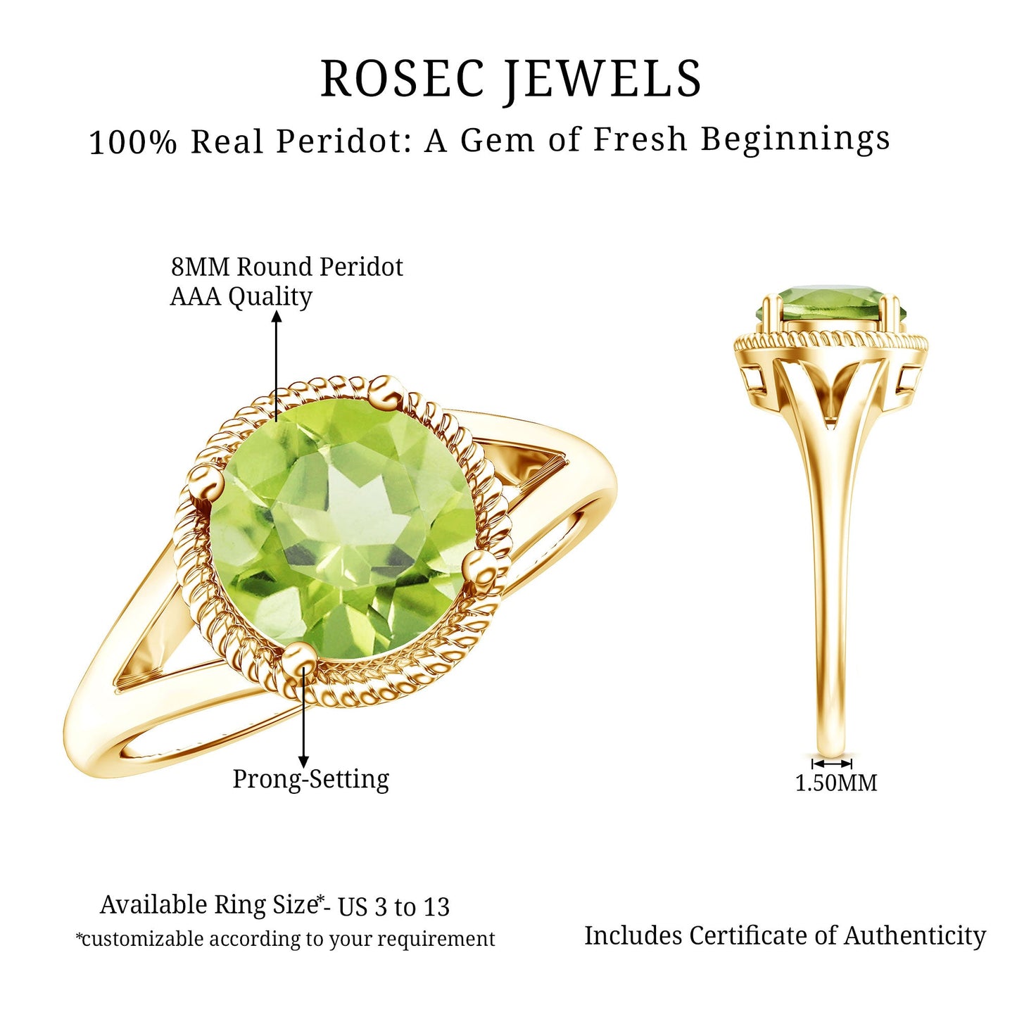 Natural 2 Carat Peridot Solitaire Engagement Ring with Split Shank