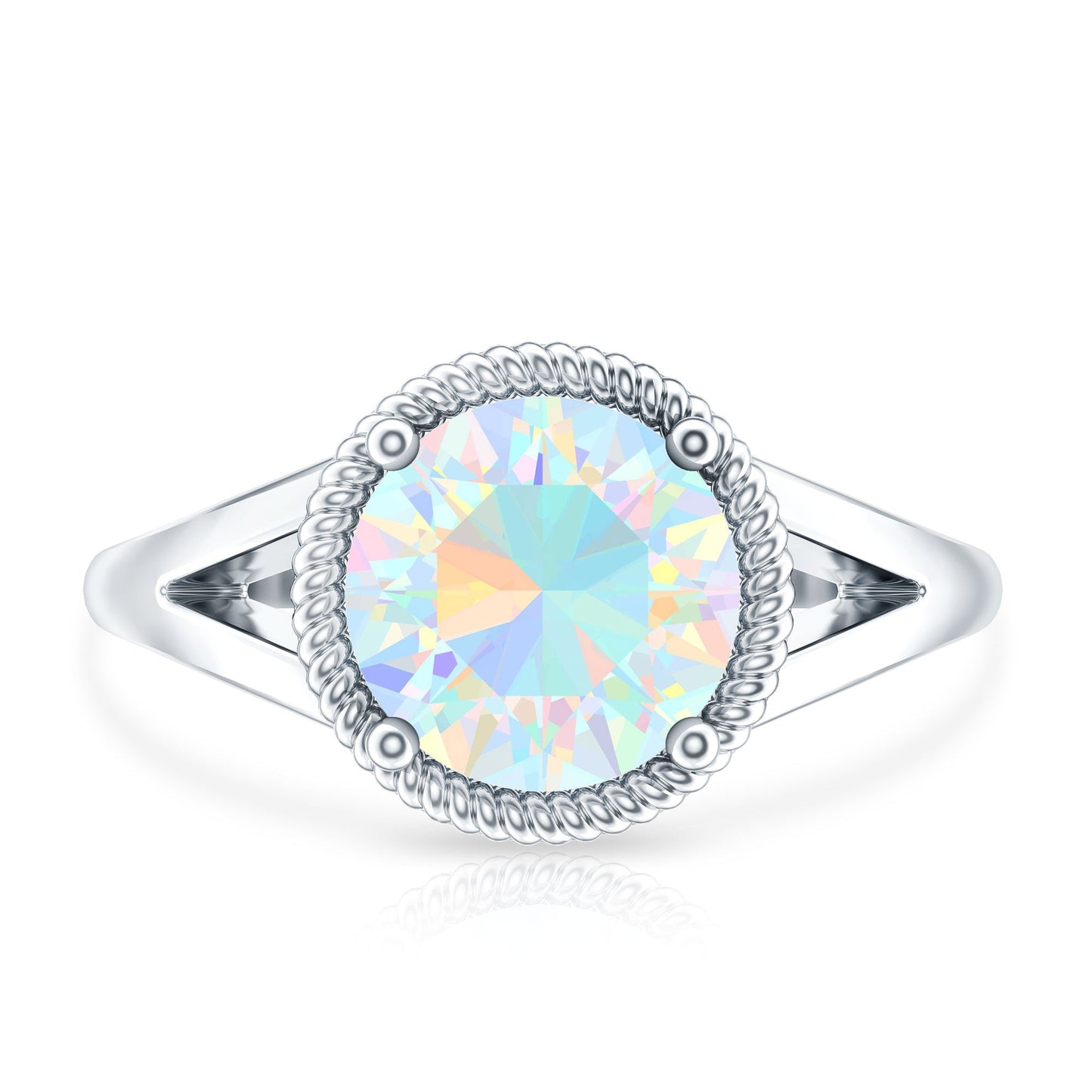Certified Real 2 Carat Round Ethiopian Opal Split Shank Engagement Ring with Twisted Rope