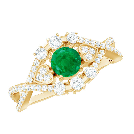 Natural Emerald Diamond Antique Style Engagement Ring with Crossover Shank