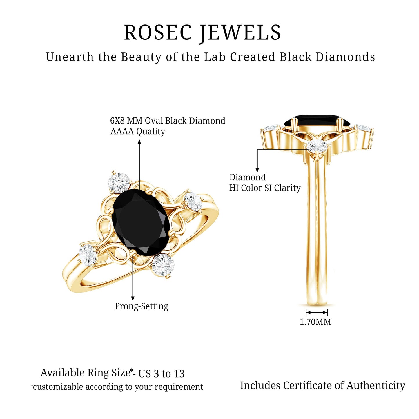 Vintage Style 1.9 Carat Lab Grown Black Diamond Oval Engagement Ring with White Diamond