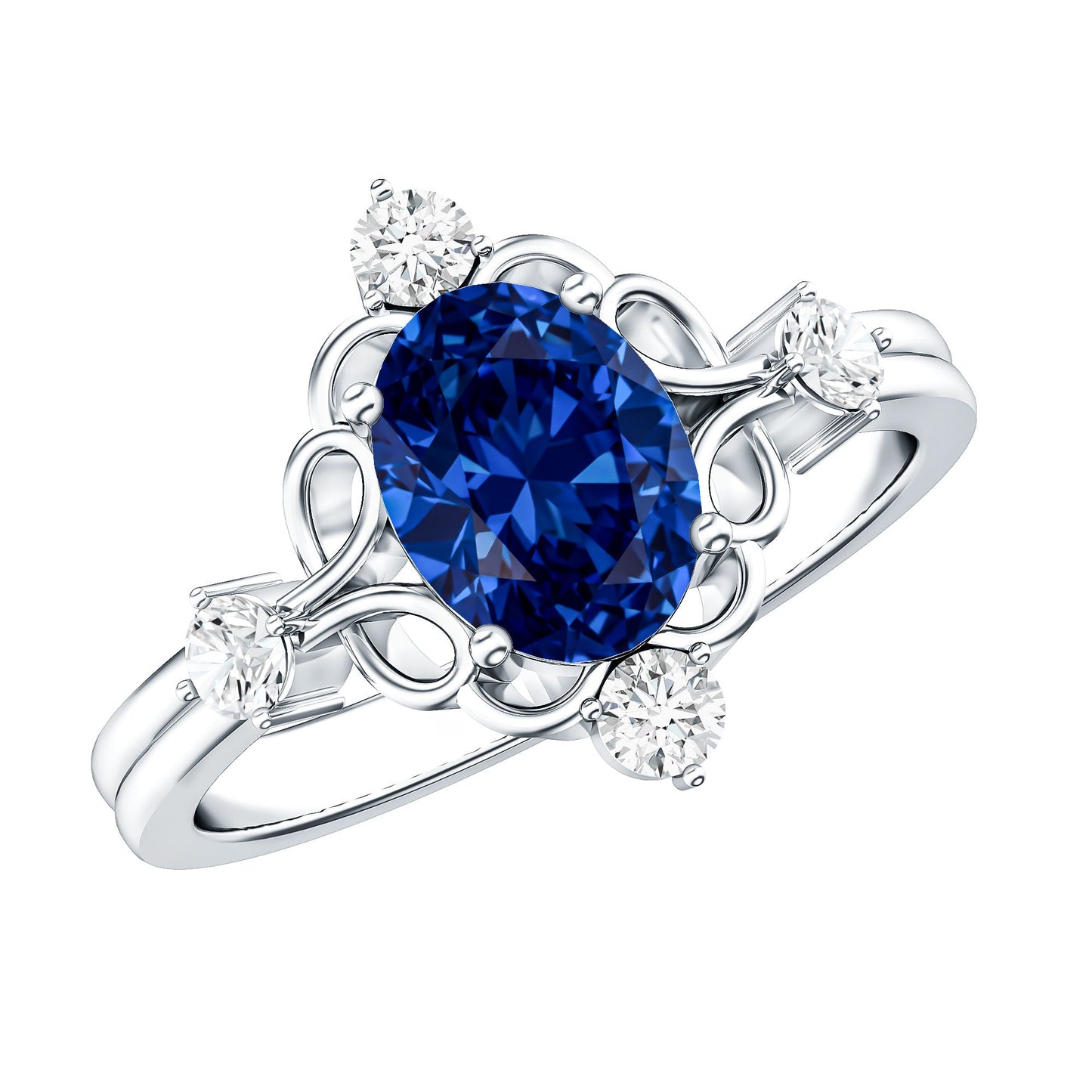 1.5 Carat Oval Cut Lab Grown Blue Sapphire Vintage Engagement Ring with Diamond