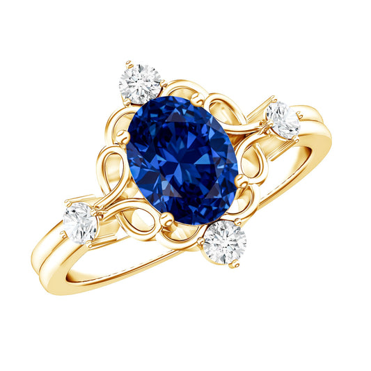 1.5 Carat Oval Cut Lab Grown Blue Sapphire Vintage Engagement Ring with Diamond